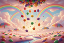 Load image into Gallery viewer, a rain scene of Rainbow Skittles type candies in rainbows