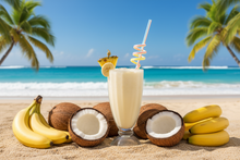 Load image into Gallery viewer, Banana Pina Colada with bananas and coconuts on a beach
