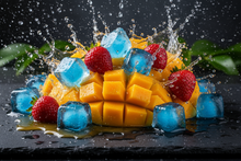 Load image into Gallery viewer, Mangos and strawberries with blue ice cubes in a wet juicy evironment
