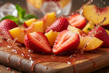 Load image into Gallery viewer, Strawberries and peaches sliced in a juicy environment
