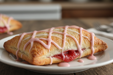 Load image into Gallery viewer, Strawberry toaster strudel with pink and white icing drizzle
