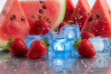 Load image into Gallery viewer, watermelons and Strawberries in a wet environment with blue ice cubes
